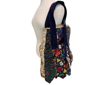 Upcycled Vintage Silk Necktie Tote Bag handcrafted masculine illustrations tools